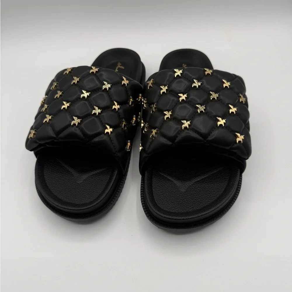 She Is Cheval Black Quilted Slide Sandals W/Gold Accents Comfort Designer Style - Picture 15 of 17